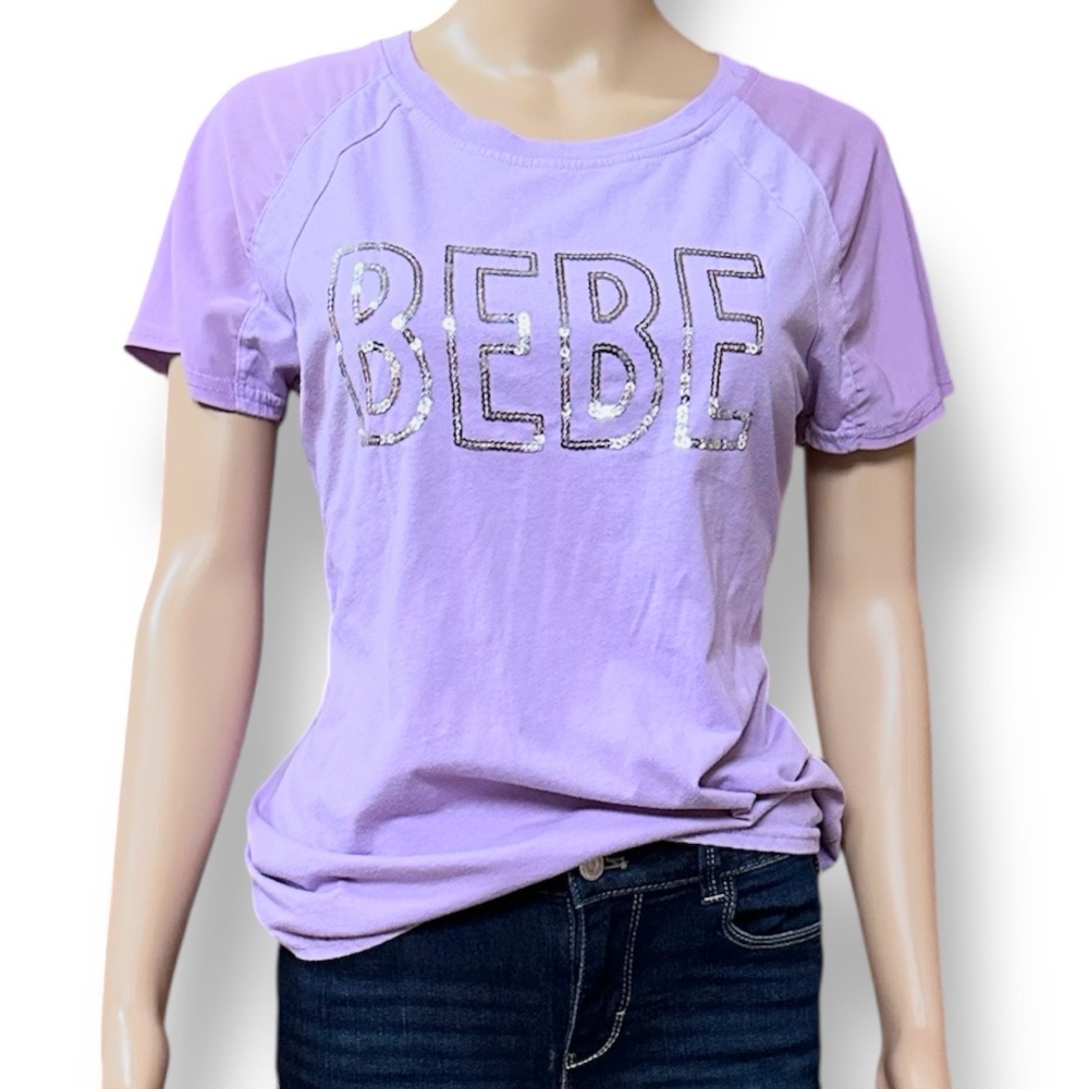 BEBE Women’s M Purple Sequin Logo T-Shirt Top Short‎ Mesh Sleeve Casual Y2K Tee - Picture 7 of 7